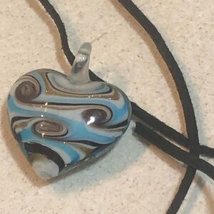 Blue Puffy Heart Glass Pendant Necklace 18"+ Swirl Pattern Boho Everyday Wear